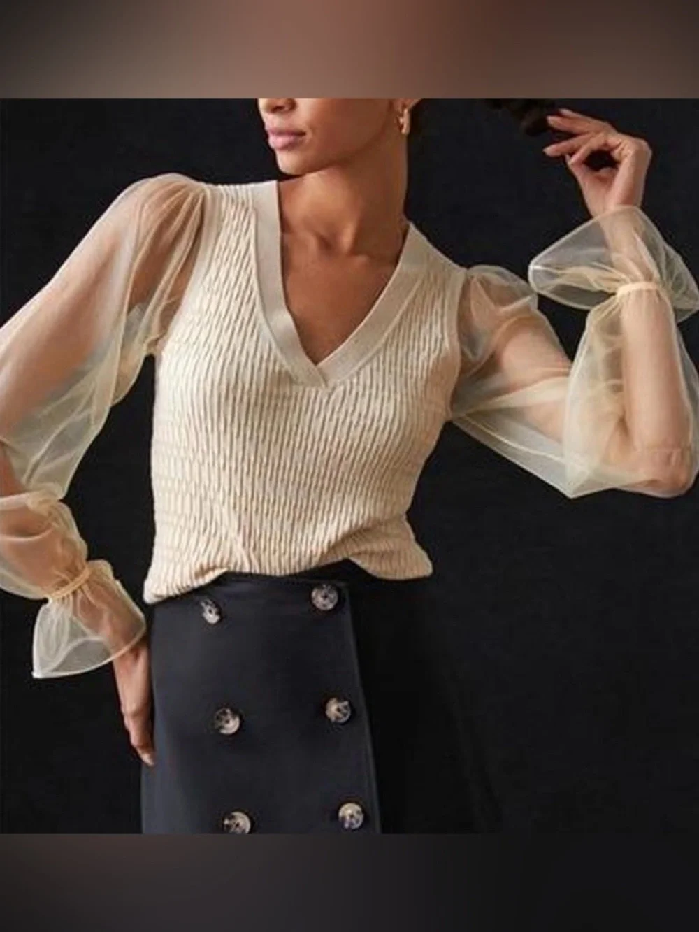 MAEVE by Anthropologie Sheer-Sleeve V-Neck Knit Top in Cream